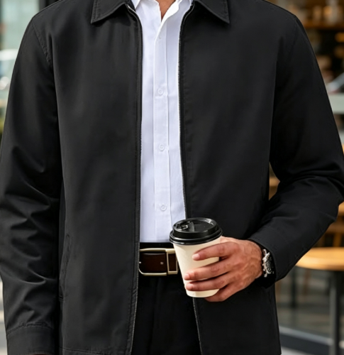 Men's Cotton Jacket Full Zip Up Work Jackets Turndown Collar Business Casual Windbreaker with 3 Pockets Big and Tall