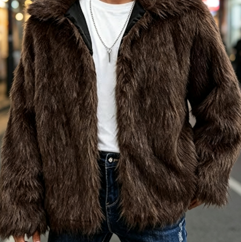 Men's Faux Fur Coat Warm Fluffy Fuzzy Fleece Jacket with Lapel Collar for Winter Fashion Trench Outerwear Big and Tall