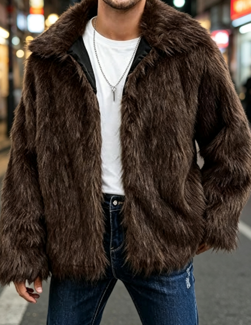 Men's Faux Fur Coat Warm Fluffy Fuzzy Fleece Jacket with Lapel Collar for Winter Fashion Trench Outerwear Big and Tall