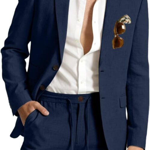 Casual Linen Two Piece Suit Drawstring Pant Vacation Wear big and tall mens