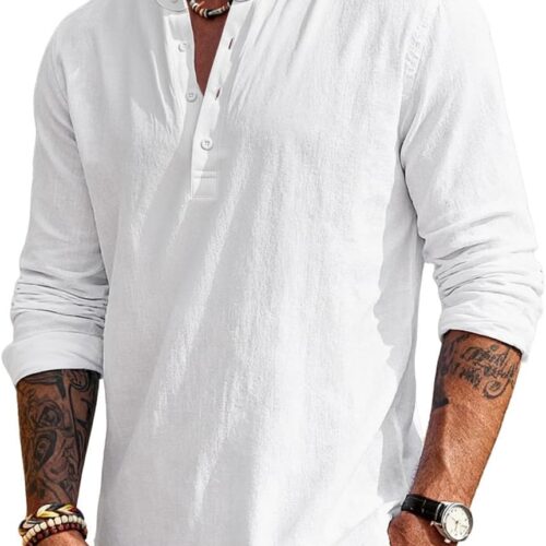 Men's Linen Henley Long Sleeve Casual Beach Solid Big and Tall Shirt