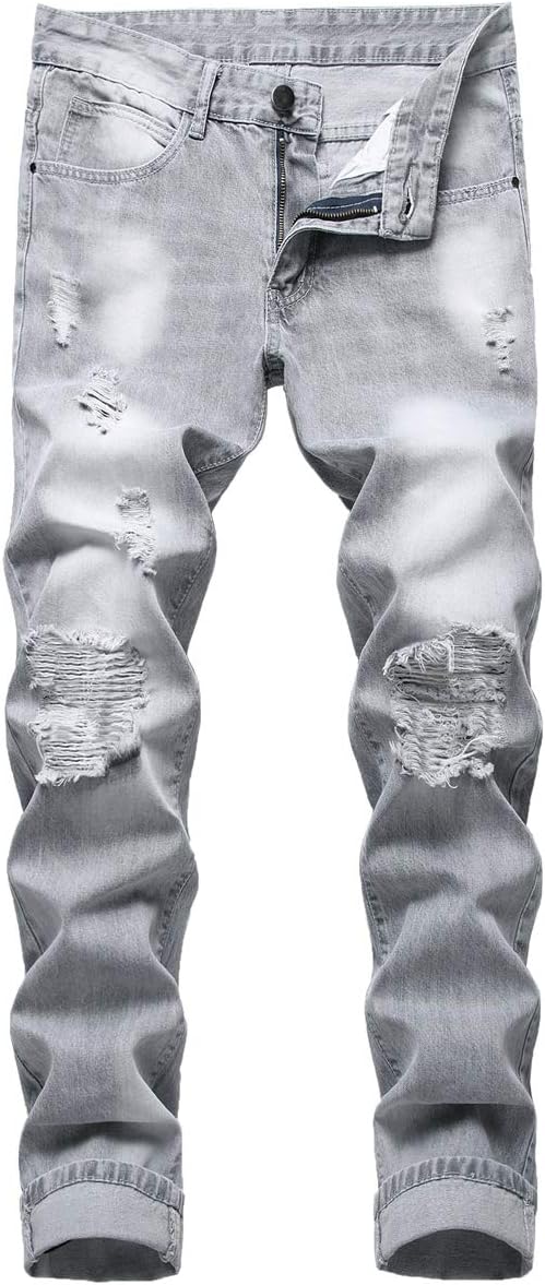 Mens Ripped Distressed Destroyed Slim Fit Straight Leg Denim with Holes Big and Tall Jeans