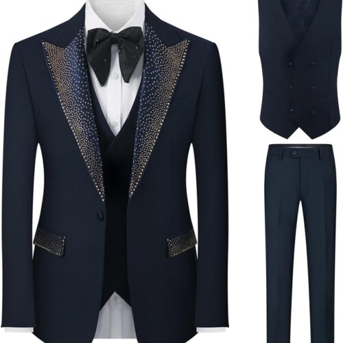 Crystal Embellished Peak Lapel Three Piece Prom Suit big and tall mens