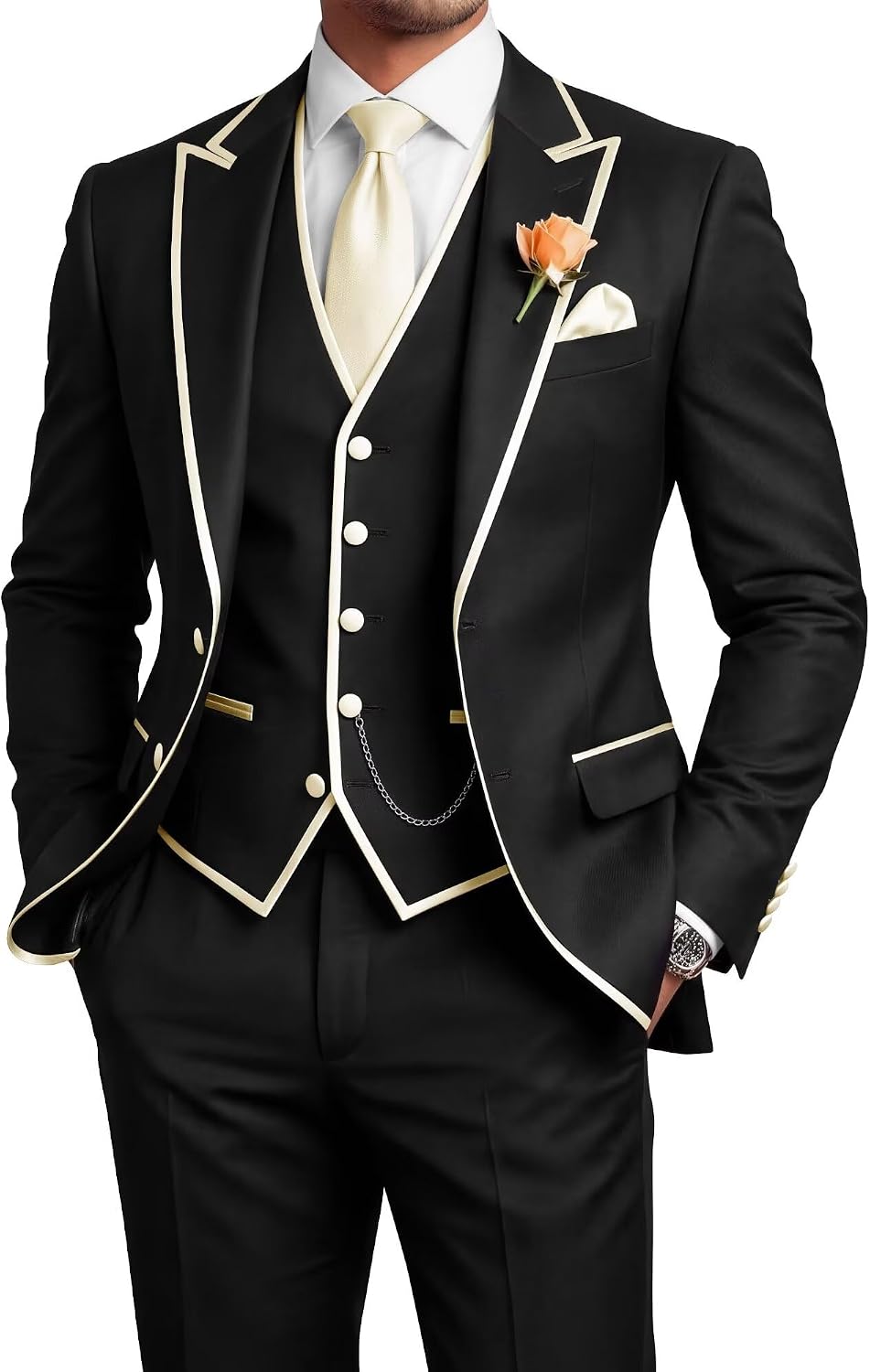 Black Three Piece Tuxedo Set Groom and Groomsman big and tall mens