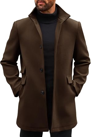 Mens Pea Coat Single Breasted Mid Long Trench Coat Overcoat Big and Tall