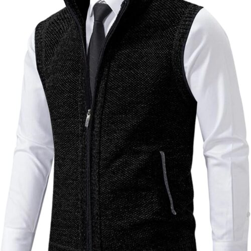 Men's Winter Faux Two Piece Knitted Sweater Vest Stand Collar Zip Sleeveless Waistcoat Thermal Layering Gilet Big and Tall