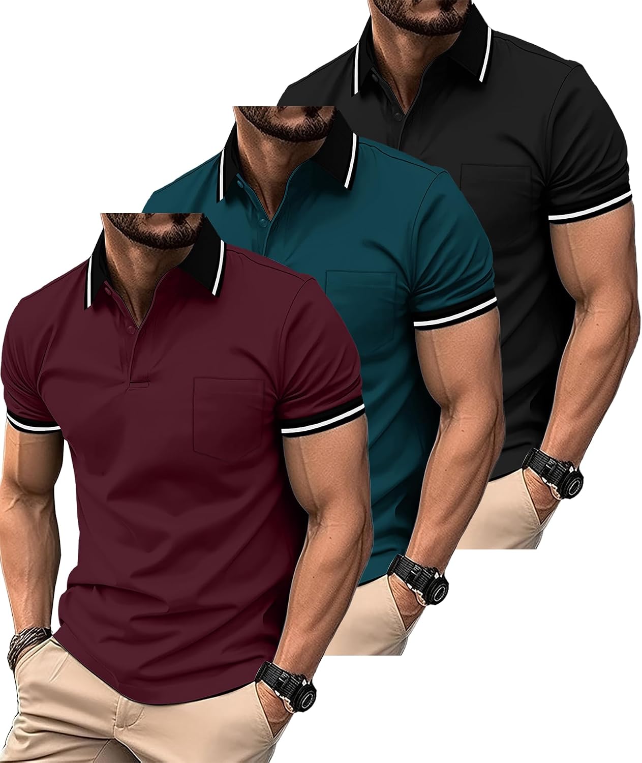 3 Pack Men Polo Shirts Short Sleeve with Pocket Sport Wicking Casual Athletic Collared Big and Tall Shirts