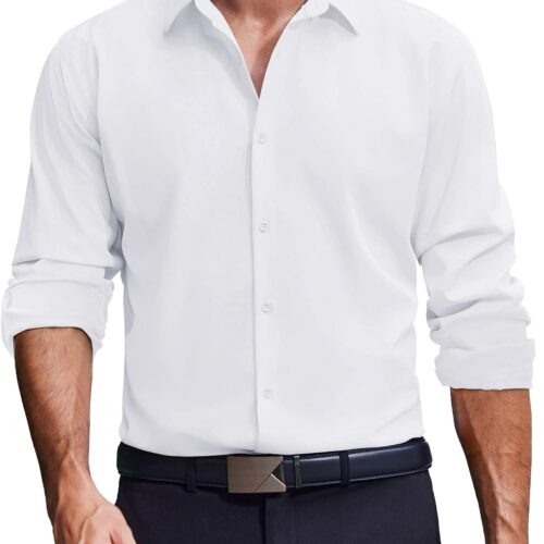 Men's Long Sleeve Casual Button Down Solid Regular Fit Formal Business Big and Tall Dress Shirt
