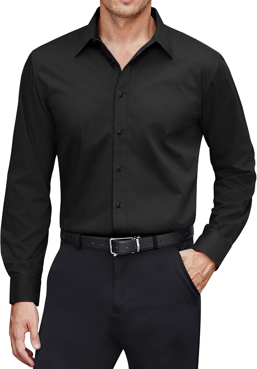Men's Stretch Stain Shield Long Sleeve Solid Formal Business Casual Button Down Big and Tall Dress Shirt