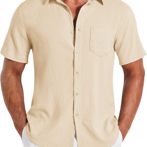 Mens Button Down Short Sleeve Casual Summer Beach Textured Big and Tall Shirt with Pocket