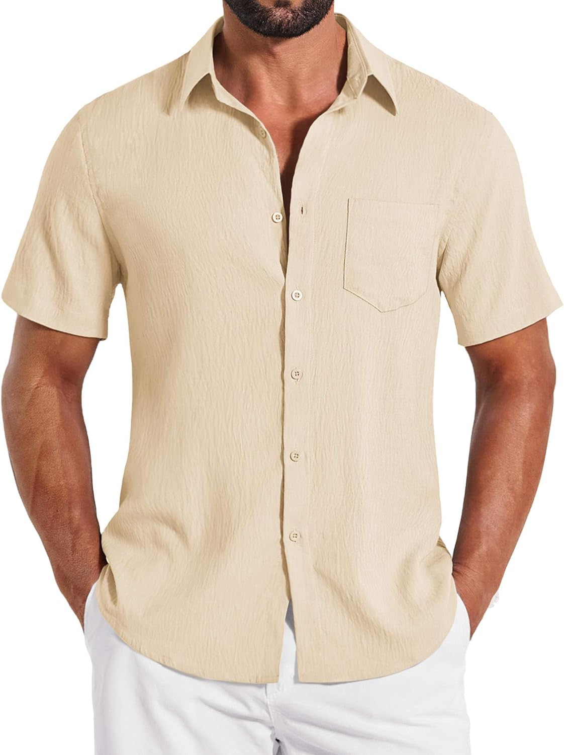 Mens Button Down Short Sleeve Casual Summer Beach Textured Big and Tall Shirt with Pocket