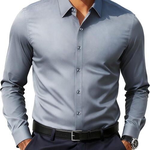 Men's Dress Shirts Business Casual Long Sleeve Stretch Wrinkle Free Big and Tall Shirt