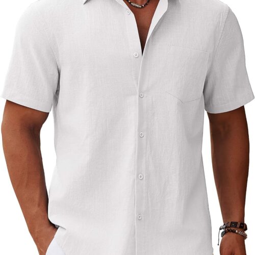 Men's Button Down Short Sleeve Casual Cotton Summer Beach Linen Wedding Big and Tall Shirt with Pocket