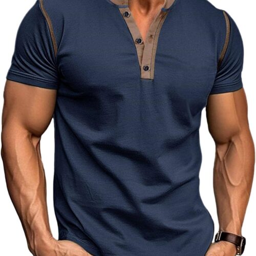 Men's Casual Henley Classic Button Cotton Short Sleeve Summer Basic Solid Lightweight Big and Tall T-Shirt
