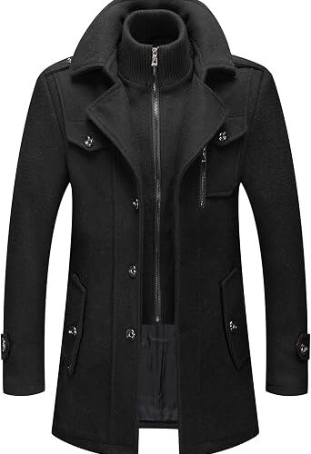 Men's Wool Blend Coat Warm Winter Trench Coat with Detachable Soft Scarf Single Breasted Pea Coat Big and Tall