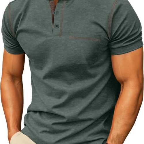 Mens Henley Short Sleeve Summer Casual Classic Cotton Pocket Button Big and Tall Shirt
