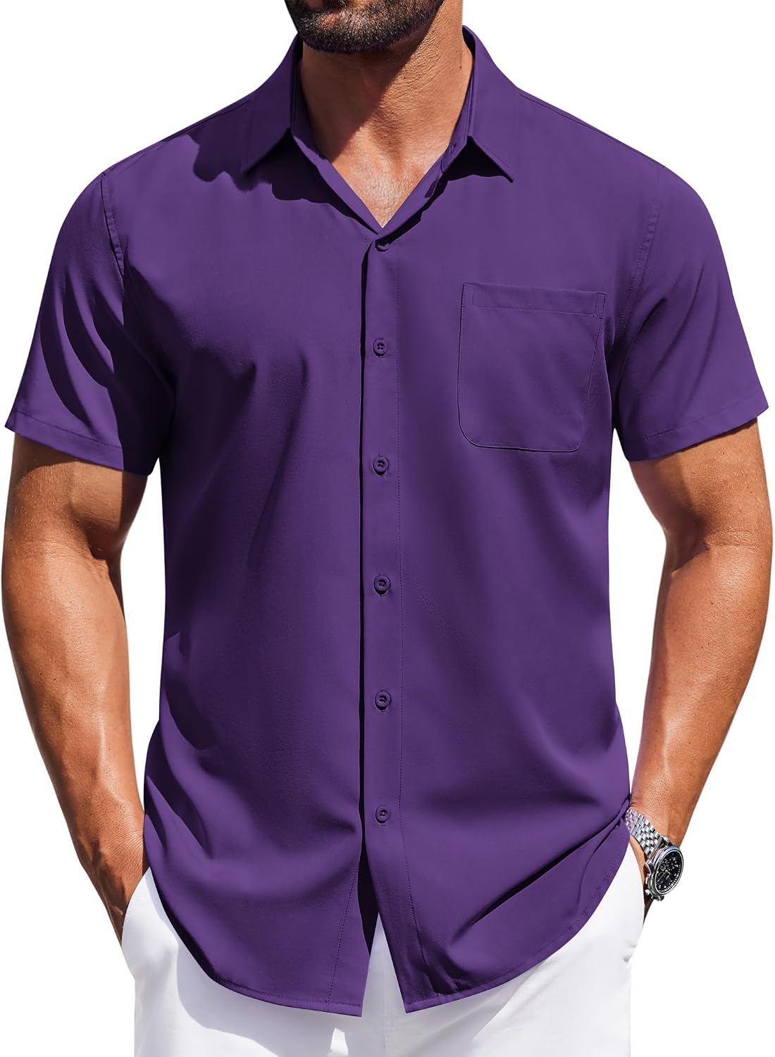 Mens Short Sleeve Button Down Wrinkle Free Dress Casual Untucked Big and Tall Shirt with Pocket