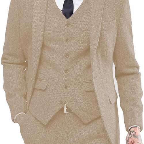 Herringbone Peak Lapel Three Piece Tweed Tuxedo big and tall mens