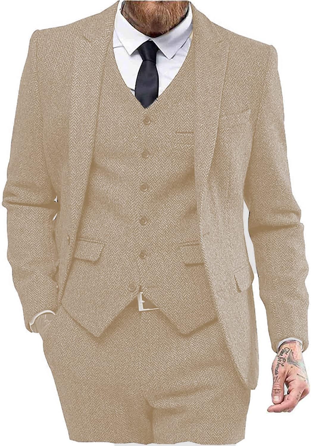 Herringbone Peak Lapel Three Piece Tweed Tuxedo big and tall mens