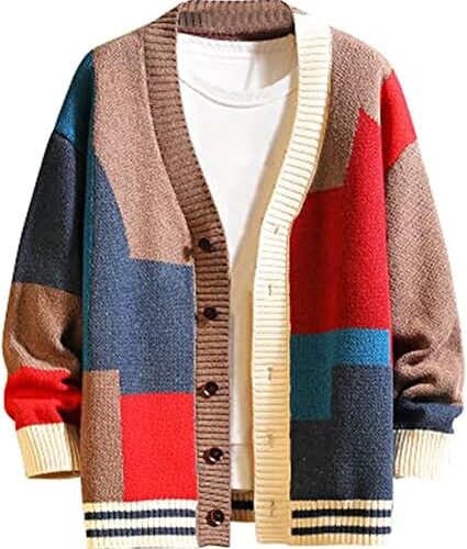 Men's Colorblock Cardigan Sweater Thick Knit Button Front Vintage Big and Tall