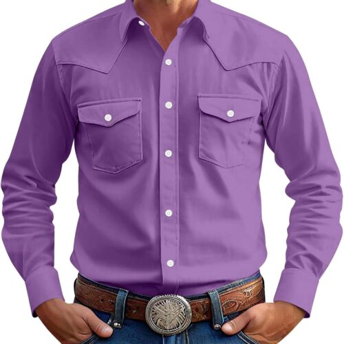 Western Cowboy Shirts Men Long Sleeve Pearl Snap Button Down Vintage Solid Business Jacket Classic Dressy Tops Big and Tall