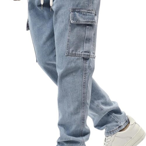 Men's Elastic Waist Cargo Stretch Denim Drawstring Straight Leg Casual Daily Wear Big and Tall Jeans