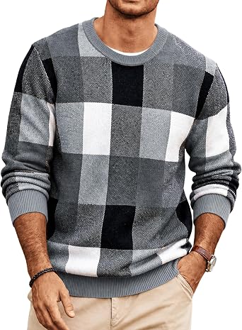 Men's Plaid Crew Neck Sweater Long Sleeve Knit Pullover Big and Tall