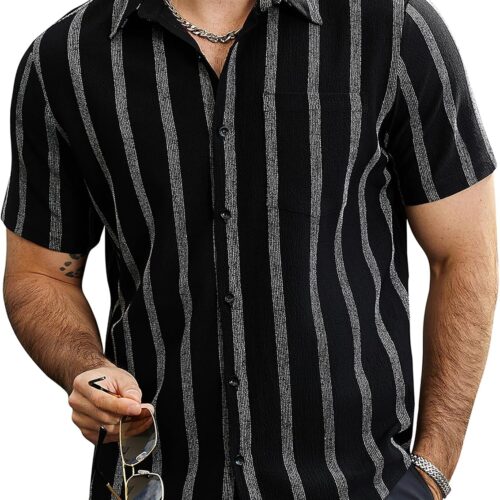 Men's Vintage Striped Short Sleeve Hawaiian Casual Big and Tall Shirt