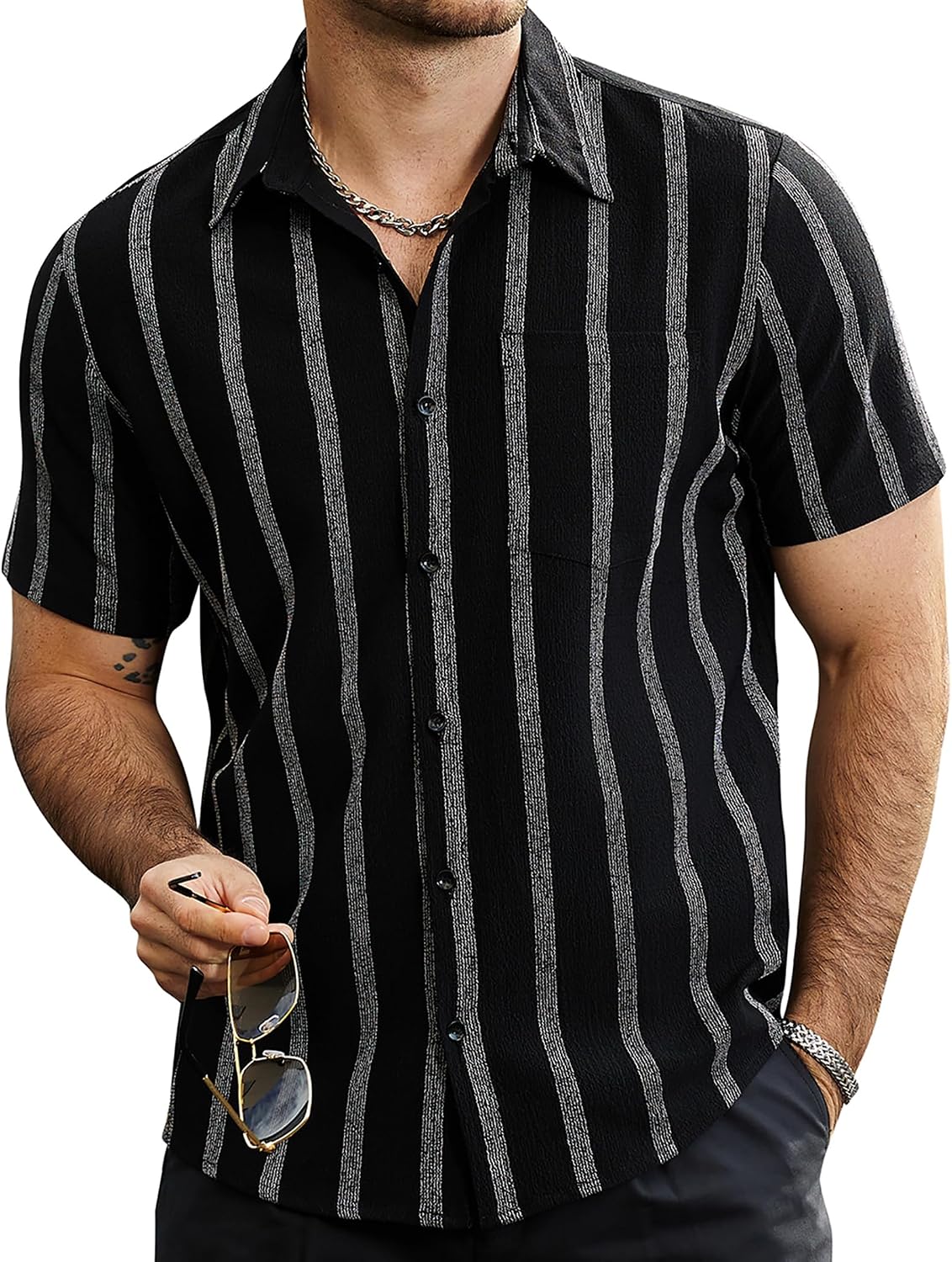 Men's Vintage Striped Short Sleeve Hawaiian Casual Big and Tall Shirt