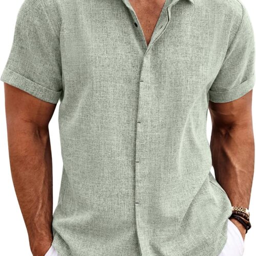 Men's Linen Short Sleeve Casual Button Down Beach Summer Wedding Big and Tall Shirt