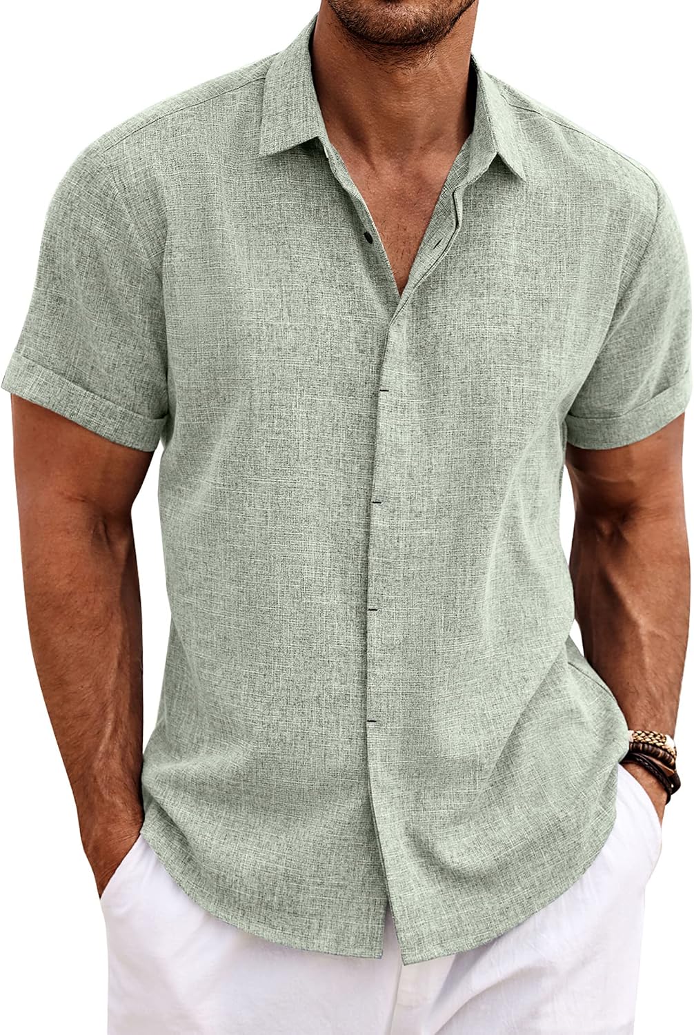 Men's Linen Short Sleeve Casual Button Down Beach Summer Wedding Big and Tall Shirt