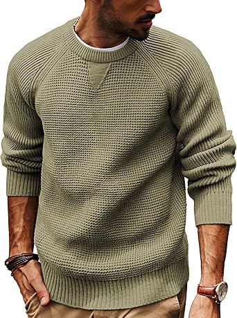 Mens Crewneck Sweater Waffle Knit Pullover Sweaters Casual Big and Tall