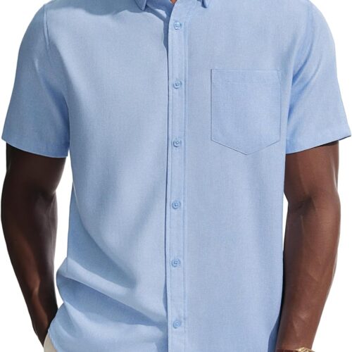 Mens Dress Shirt Casual Untucked Short Sleeve Button Down Big and Tall Shirt with Pocket