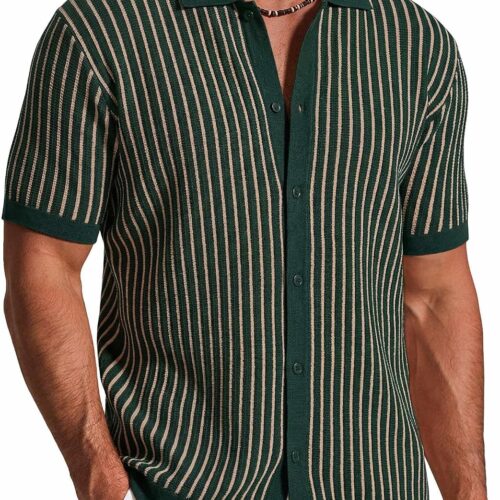 Mens Knit Button Down Short Sleeve Polo Vintage Striped Casual Big and Tall Shirt