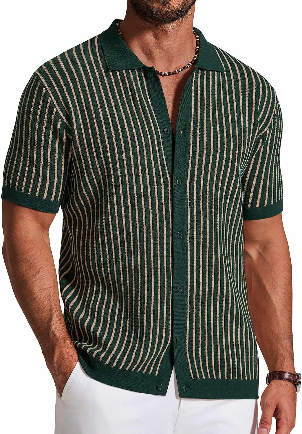 Mens Knit Button Down Short Sleeve Polo Vintage Striped Casual Big and Tall Shirt