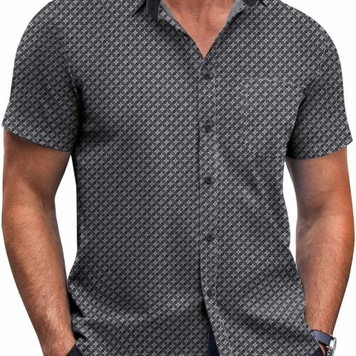 Mens Short Sleeve Button Down Wrinkle Free Dress Casual Polka Dot Print Big and Tall Shirt with Pocket