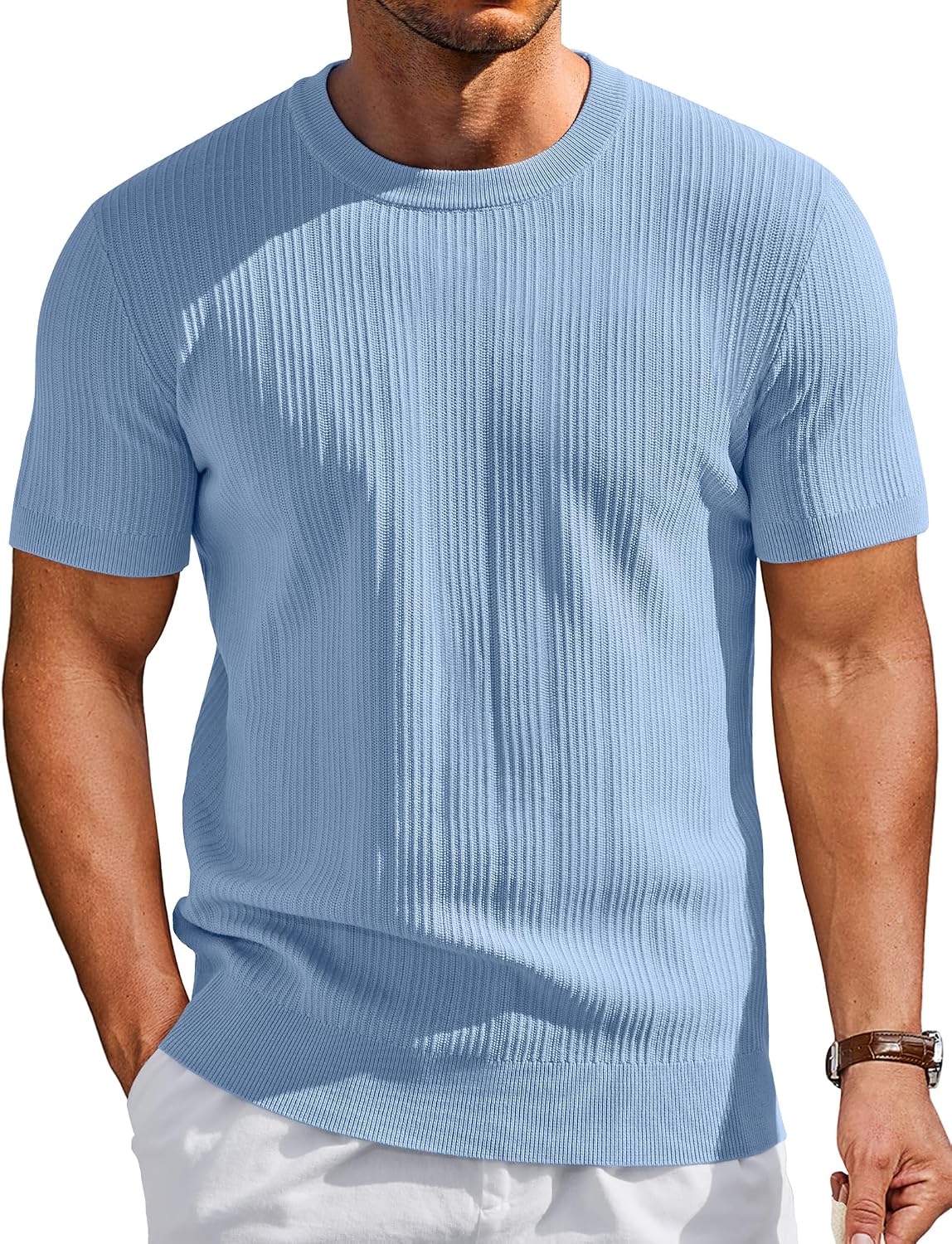 Men's Short Sleeve Knit Casual Crewneck Ribbed Dress Big and Tall Tee Shirt